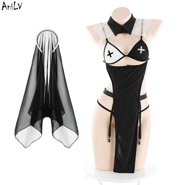 

set anilv nun maid dress with veil unifrom women halloween nightdress outfits costumes cosplay 230710, Red;black