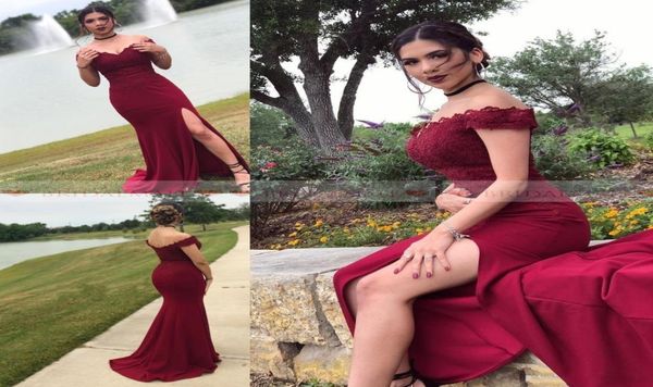 

2k19 burgundy mermaid bridesmaid dresses side split off shoulder lace garden country wedding guest dress maid of honor 6870139, White;pink