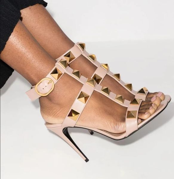 

luxury design women sandal big stud high heels shoes roman stud sandal calfskin leather maxi stud detailing ankle strap heeled open toe outd, Black