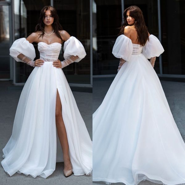 

a line wedding dresses puffy sleeves pearls sweetheart wedding dress slit long designer bridal gowns sweep train, White