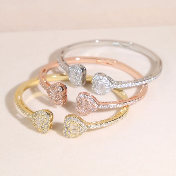 

heart love shape adjustable bangle bracelet women men hip hop iced out bling cubic zirconia couple jewelry gift, Golden;silver