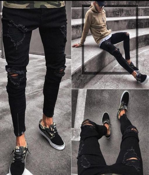 

mens cool designer brand black jeans skinny ripped destroyed stretch slim fit hop hop pants with holes for men4403044, Blue