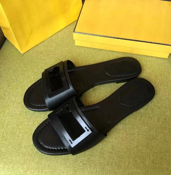 

luxury brand design summer sandal slipper leather flats baguette sandals shoes wide-band slides flats calfskin leather outdoor 35-42, Black