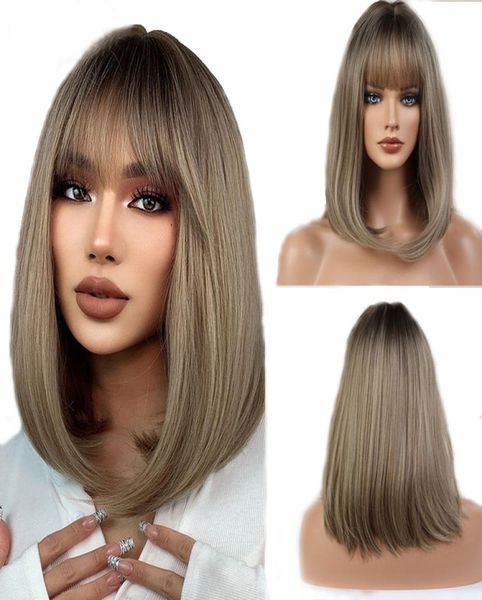 

wig for women black root ombre blonde brown wigs with bangs bob medium short straight woman synthetic hair2672648
