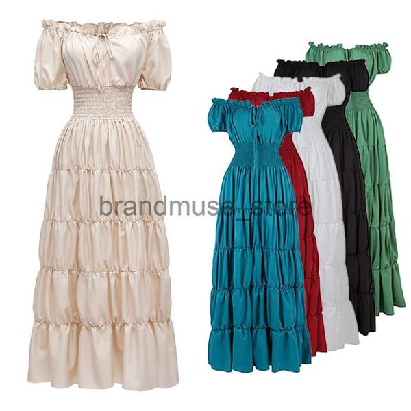 

basic casual dresses elegant medieval renaissance dress boho short sleeves off shoulder smocked waist retro pleated long dress costume gown, Black;gray