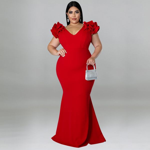 

basic casual dresses plus size women elegant dresses ruffle butterfly sleeve party dresses summer lady fashion evening robe female v neck pr, Black;gray