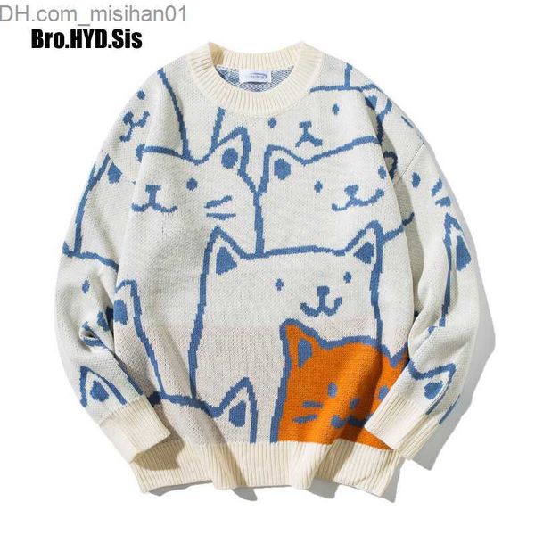 

women's sweaters cute cartoon cat sweater women's o-neck knitted men's autumn new loose fit couple zipper women's knitte, White;black