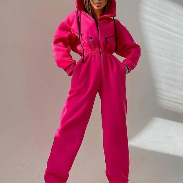 

women's jumpsuit sports casual solid color hoodie one-piece suit, Black;white