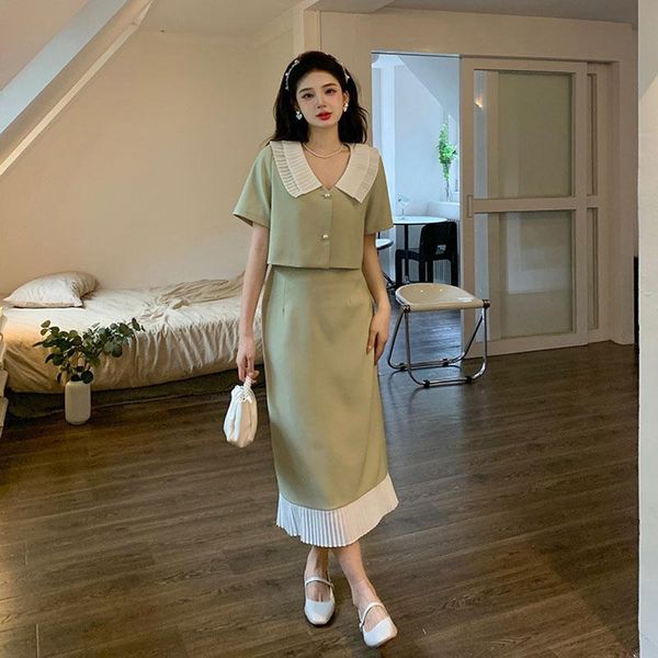 

dress summer elegant women skirt sets retro office lady outifits puff sleeve black skirts set korean fashion sweet hepburn suit, White