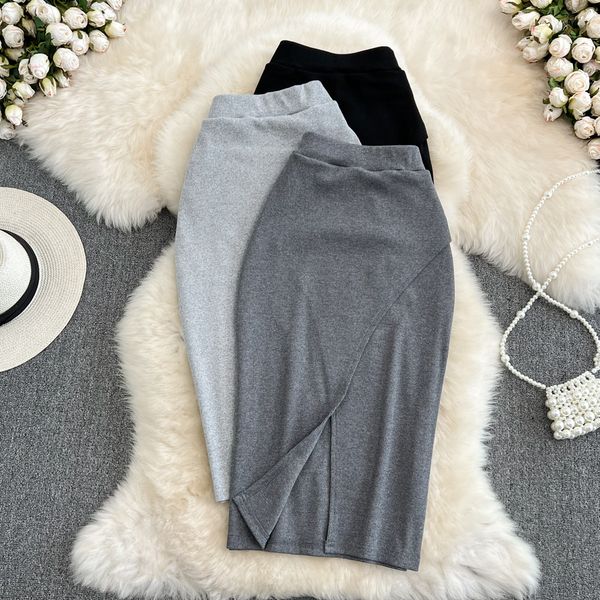 

skirts summer midi cotton dress women's elastic waist cross split pencil skirt girls' pure thin bottom black grey 230710