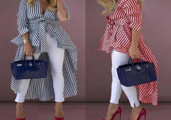 

women039s blouses shirts high low asymmetrical shirt clothes striped vneck blouse wide hem long sleeve dress with belt casua7281408, White