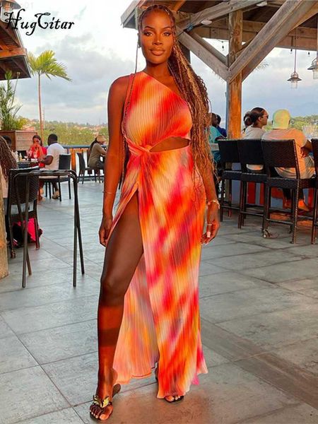 

urban dresses hugcitar one shoulder tie dye hollow out draped slit bodycon maxi dress summer women fashion streetwear party club outfit l230, White;black