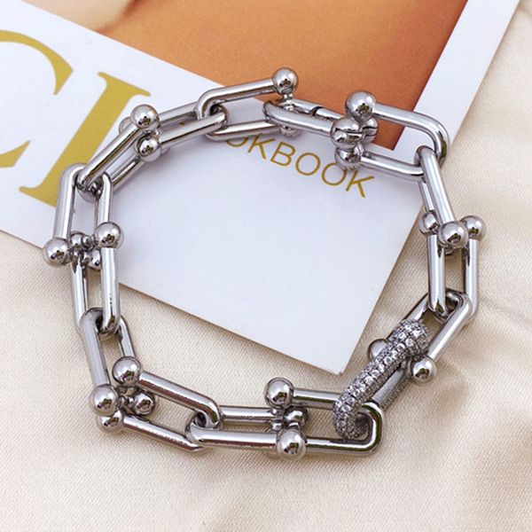 

stainless steel t brand design horseshoe clasp u shape bracelet with zircon for women men bracelet jewelry luxury fashion gift dropshipping, Golden;silver