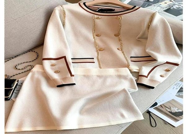

work dresses elegant knitted two piece sweater set women039s o neck contrast long sleeve metal chain lion buttons pullover 5974778, White;black