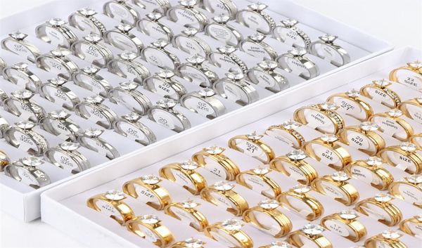 

20pcslot fashion stainless steel wedding rhinestone rings for men women exquisite gold silver color simple trend jewelry engageme5018126, Slivery;golden
