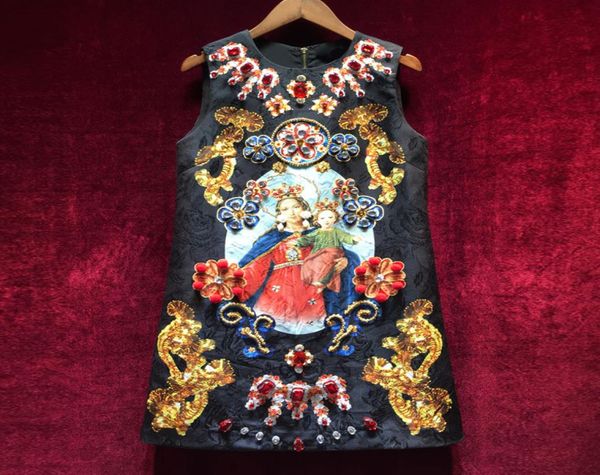 

2018 spring summer european style slim waist printing retro vest loose dress tide highend luxury diamond black dresses1893508, White;black