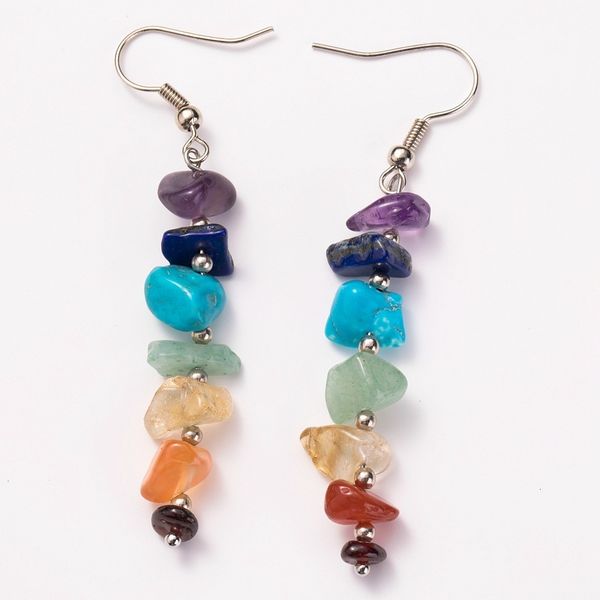 

stud handmade bohemian drop earrings natural crystal 7 chakras reiki healing 230710, Golden;silver
