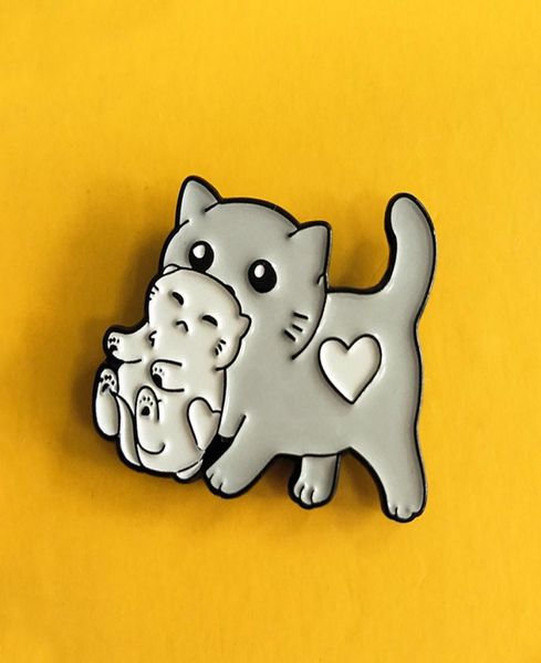 

cute small animal cat with toy funny enamel brooches pins for women demin shirt decor brooch pin metal kawaii badge fashion jewelr2242467, Gray
