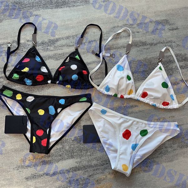 

brand womens bikini colorful printed swimwear letter metal logo swimsuit outdoor summer biquini with label, White;black