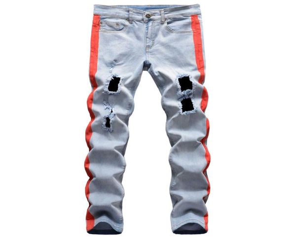 

hip hop 4 color patchwork jeans men 2021 ripped holes slim fit jeans pants men blue red yellow designer straight blue jeans x06211708902
