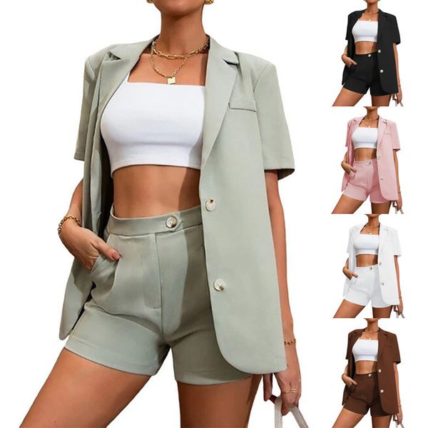 

2023 summer new style women's suits set solid lady lapel neck blazer high waist shorts two piece woman's wear, White;black