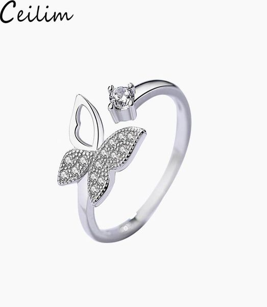 

fashion cubic zircon crystal butterfly rings for women platinum plated wedding rings jewelry open adjustable finger ring4149952, Silver