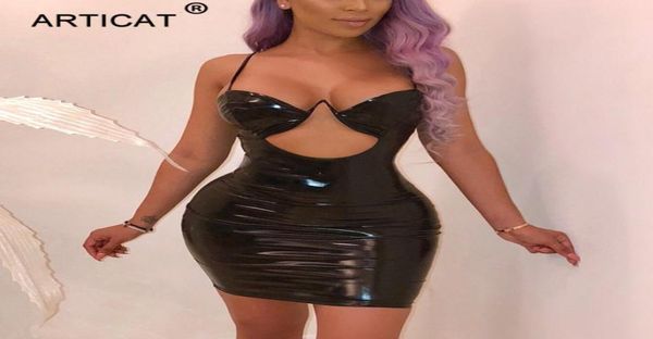 

articat bodycon christmas party dress women spaghetti strap hollow out pu leather dress vintage bandage club dress vestidos y5000655, Black;pink