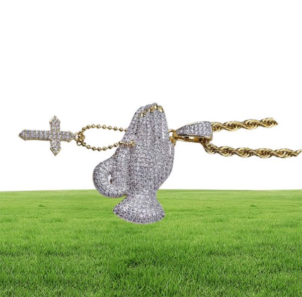

who hip hop brass gold color iced out cz praying hands cross pendant necklace jewelry for men women90869142284368, Silver