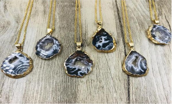 

designer geode raw stone long boho necklace natural stone slice necklace rough stone and agate crystal necklace natural agate pen9565093, Silver