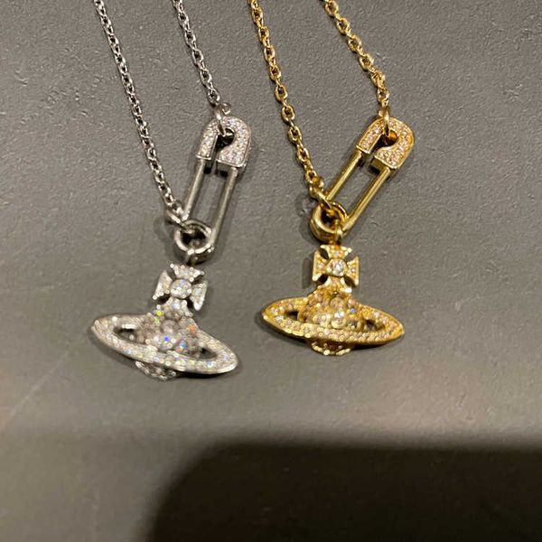 

western empress dowager vivian pin necklace nana same style paper clip collar chain full diamond pendant, Silver