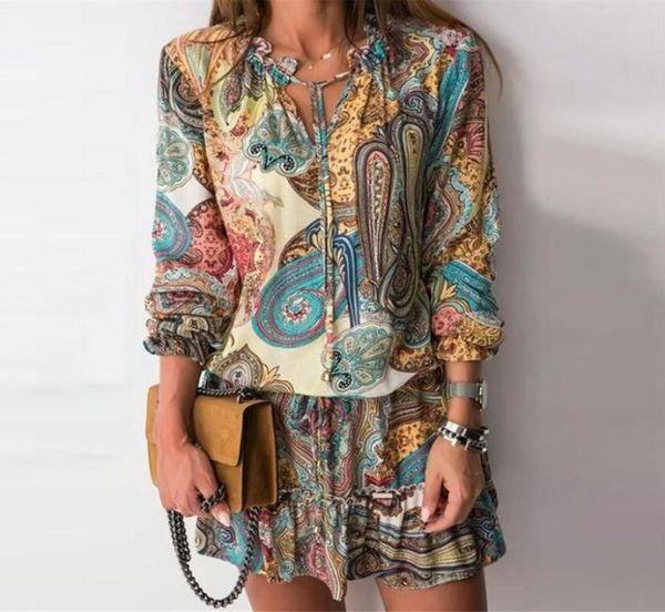 

spring vintage print mini shirt dress summer vneck long sleeve ladies dresses fashion tieup elastic waist loose women clothing1840112, Black;gray