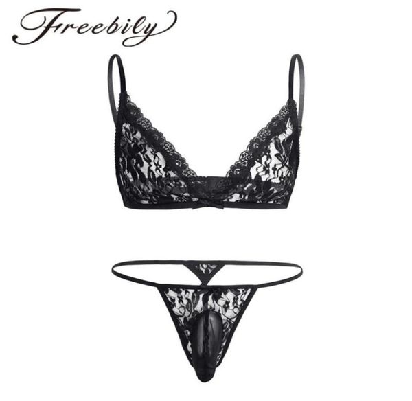 

2pcs men lingerie floral lace nightwear sleepwear set bra with gstring exotic gay panties for men039s male underwear594138353669, Red;black