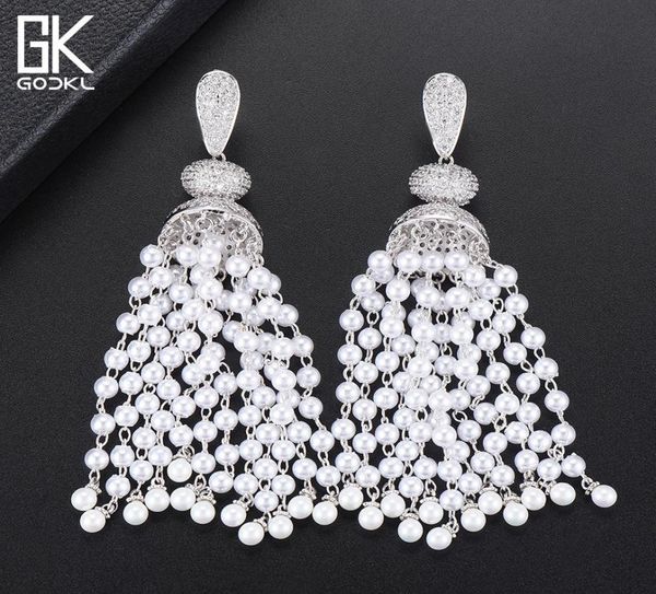 

godki luxury imitation pearls tassels long dangle earrings for women wedding cubic zircon dubai bridal silver drop earrings 2018 j7002347, Golden;silver