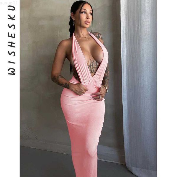 

urban dresses halter backless deep v-neck maxi dress 2023 summer women solid bodycon night prom y2k clothes outfits club streetwear l230711, White;black