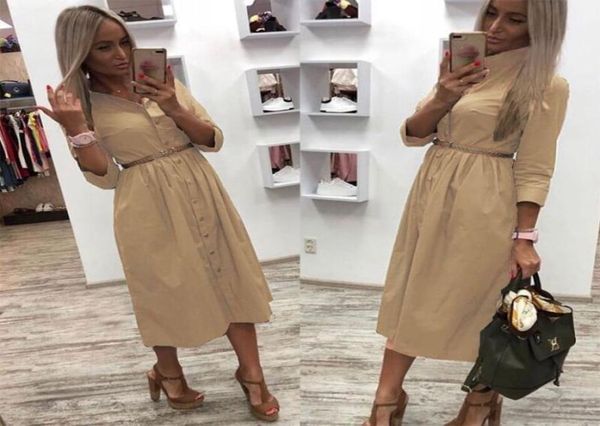 

women casual sashes a line party dress ladies button turn down collar style shirt dress 2020 summer solid knee9839824, Black;gray