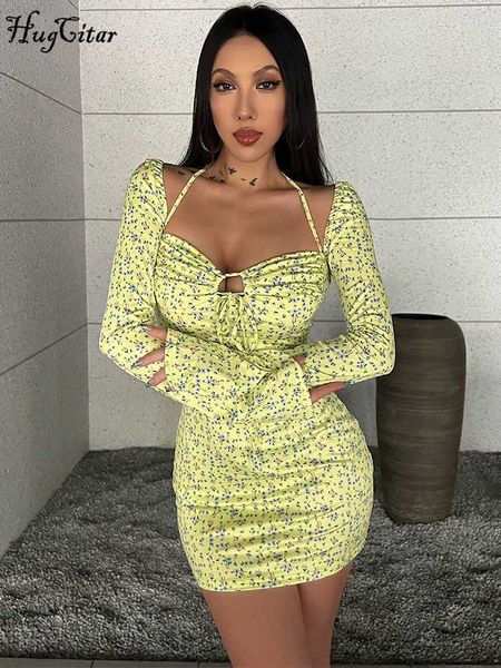 

urban dresses hugcitar floral print halter long flare sleeves bandage bodycon mini prom dress 2022 fall women birthday party y2k outfits l23, White;black