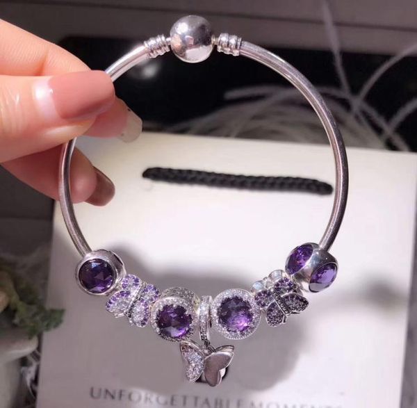 

925 sterling silver complete finished charm bead bracelet fits european jewelry charm bracelets - shinning purple butterlfy7341687, Black