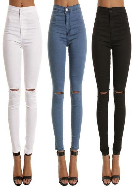 

high waist casual skinny jeans for women hole girls slim knee ripped denim pencil pants elasticity black blue trousers5391259