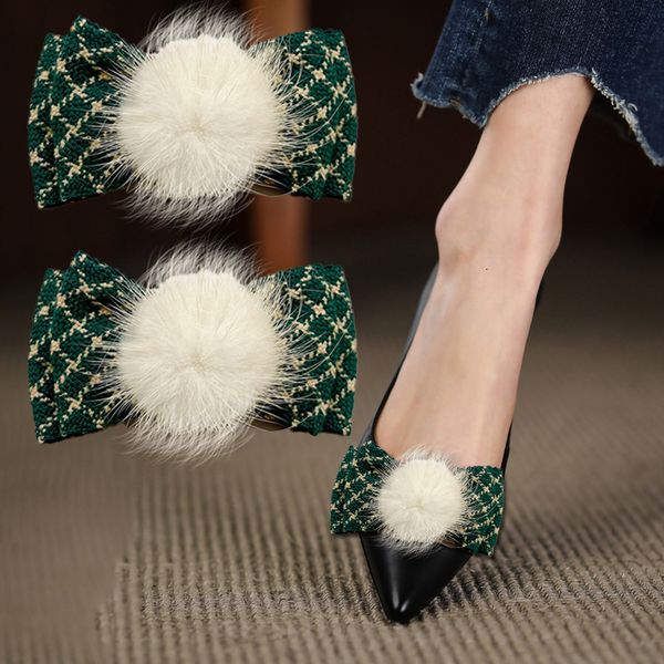 

shoe parts accessories green webbing bow shoe clips mink fur shoe embellishment fashion high heels shoe decor detachable shoe buckle for lad, White;pink