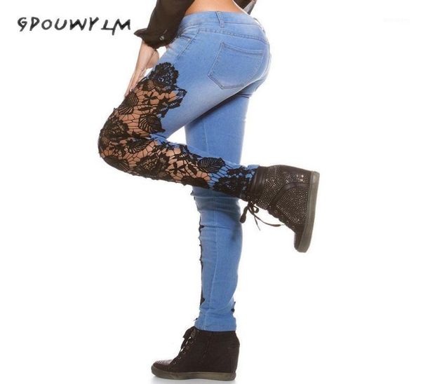 

hollow out lace jeans for women 2017 women jeans pants female denim with flower lace plus size high waist jean femme16355030, Blue