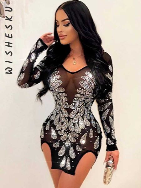 

urban dresses sequined glitter mini dress women long sleeve backless slim fit mesh robe 2023 spring fall night club fairy grunge clothes l23, White;black
