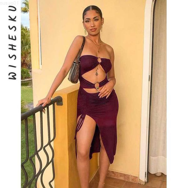 

urban dresses strapless cut out midi dress women solid drstring ruched backless bodycon split dresses 2022 summer party club outfits l230711, White;black