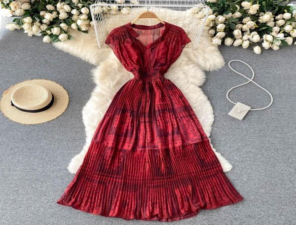 

intage printed pleated chiffon long dress summer elegant round neck sleeveless high waist draped beach vestidos female summer 20229929725, White;black