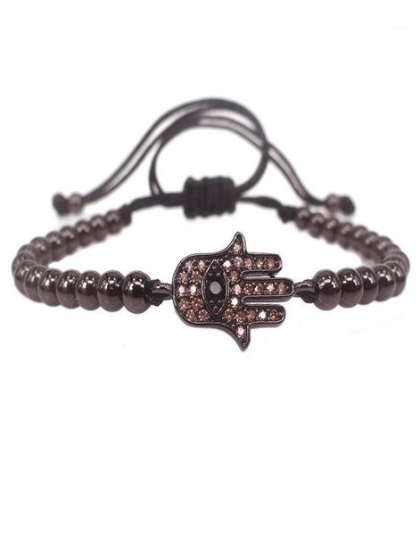 

charm bracelets fashion men hamsa braceletblack round beads pave setting champagne cz connector braiding macrame bracelet for m6343927, Golden;silver