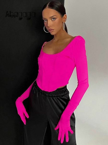 

women's t-shirt ahagaga streetwear long sleeve gloves t-shirts tees women crop backless square collar skinny woman croppped shirt 230, White