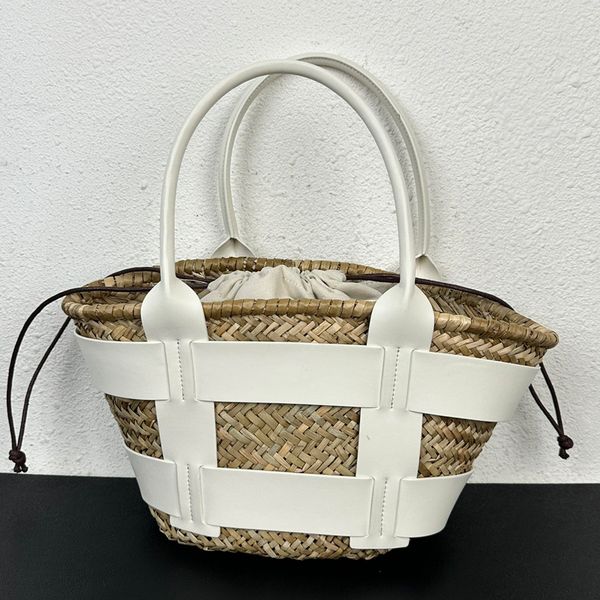 

summer lafite grass woven handbag hobo bag underarm bags large capacity tote beach bag by sea cowhide wrapping interior drawstring canvas ba