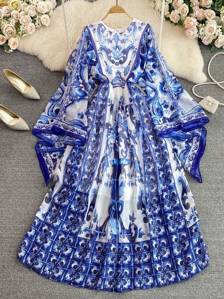 

basic casual dresses summer bohemia blue white porcelain printed chiffon dress women's dress o neck shining sleeves big swing maxi west, Black;gray