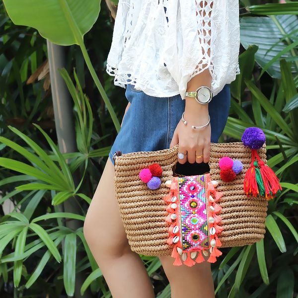 

school bags summer woven women's bag bohemian straw bags handmade tassels tote bags beach shoulder crossbody bag luxury ladies handbag