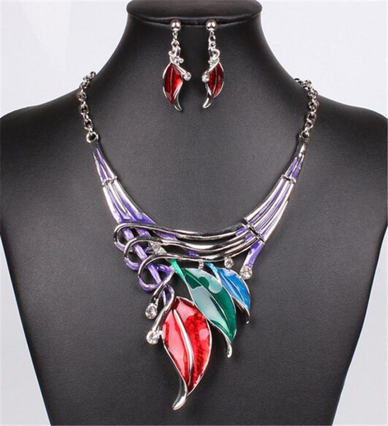 

brand leaf jewelry sets crystal beads chocker statement necklace earrings set silver alloy colorful fashion women girl necklace dr8266389