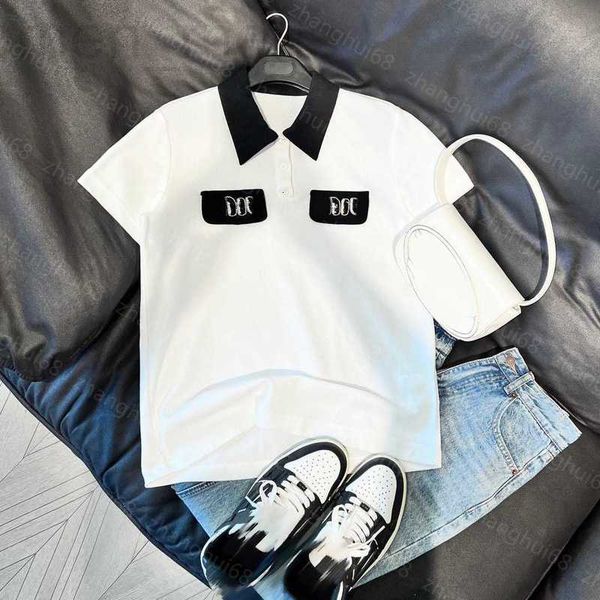 

women's t-shirt designer 23ss womens womens clothing thandmade beaded sequin lapel clash color poshort sleeves quality clothes wmix, White